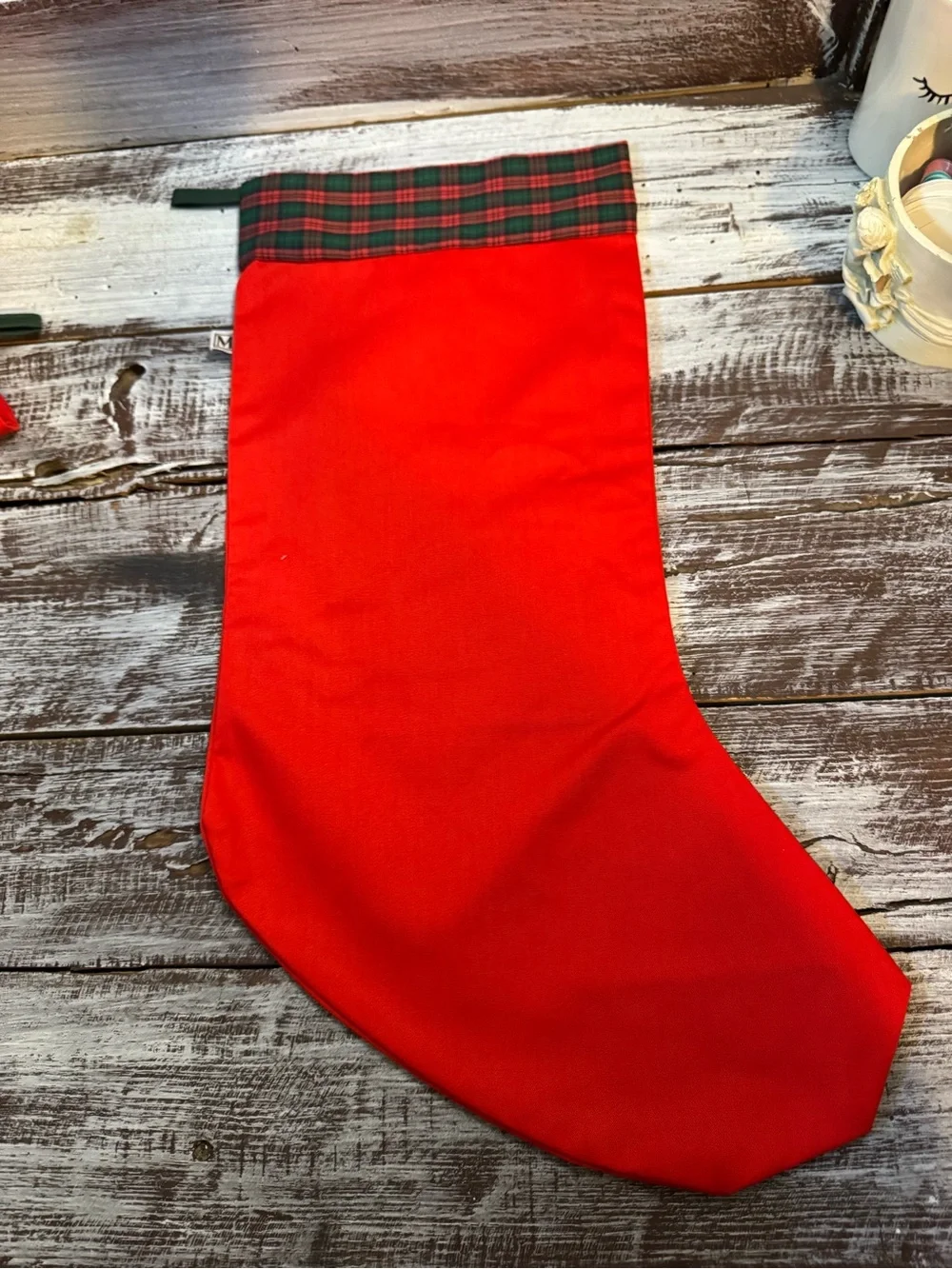 Source Unknown Red Christmas Stocking with Plaid Duck Applique